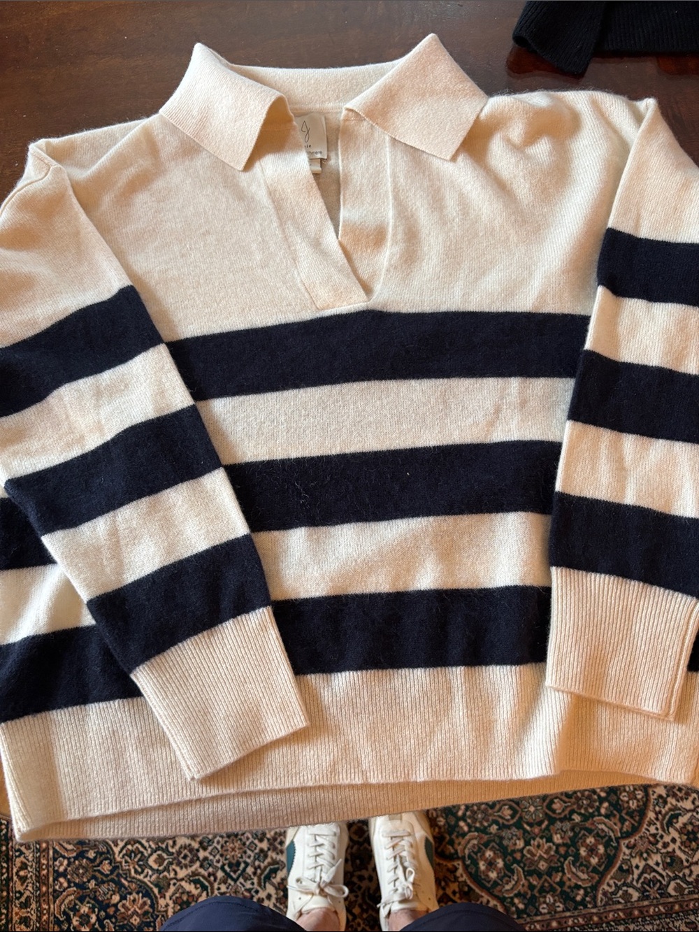 Joie Cashmere Cream and Navy Striped V-Neck Polo Sweater